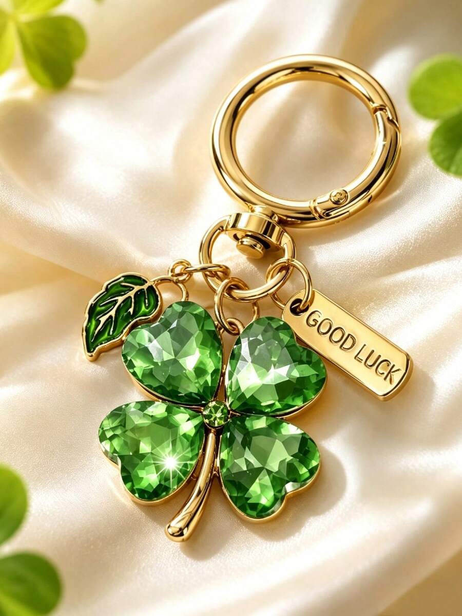 1pc Elegant Lucky Four-Leaf Clover Keychain With "GOOD LU" Alloy Tag, Faux Rhinestone Inlaid Four-Leaf Clover Pendant Key Ring, Women's Gift, Suitable For Keys And Backpacks As Lucky Daily Decoration - Four-leaf Clover - View 1