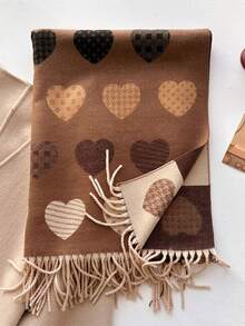 1pc Heart Pattern Jacquard Tasseled Thick Scarf 65*195cm, Polyester Core‑Spun Yarn, Fall Winter Shawl For Travel Party Outing, Wear As Scarf Shawl - Multicolor - View 5