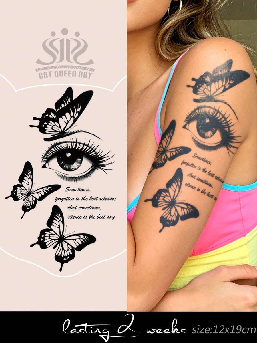 Herbal Juice Semi-Permanent Large Arm Tattoo Sticker - Butterfly Eye Pattern 14 Days No Fading DIY Chest Waist Abdomen Thigh Holiday Party Gift Body Tattoo Sticker 1pc - Blue - View 1