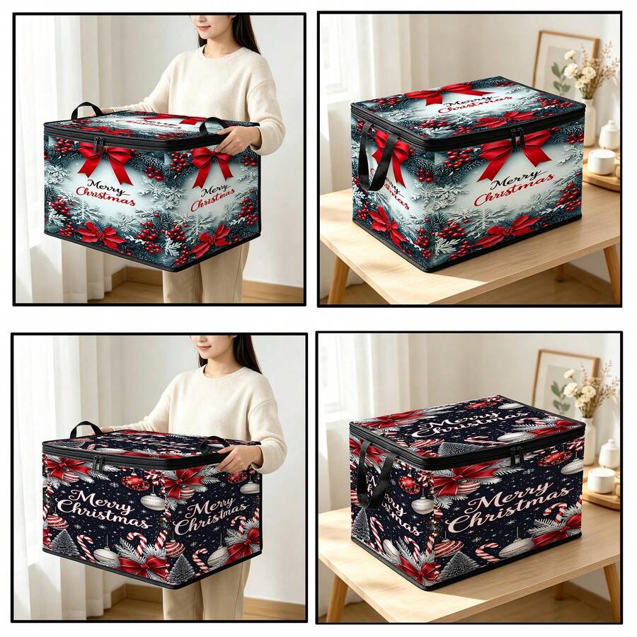 1PC Christmas Storage Box, Bow & Wreath & Christmas Ornament Print Fabric Storage Box With Zipper And Handle, Holiday Decoration Organizer, Suitable For Home Closet Bedroom, 2 Pattern Options