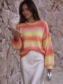 FOR BEAUTY Fall Winter Women Sweaters Y2K Chic Ombre Striped Crewneck Knit Tops Sunset Gradient Loose Pullover Lantern Sleeve Date Brunch Outfits - Multicolor - View 1