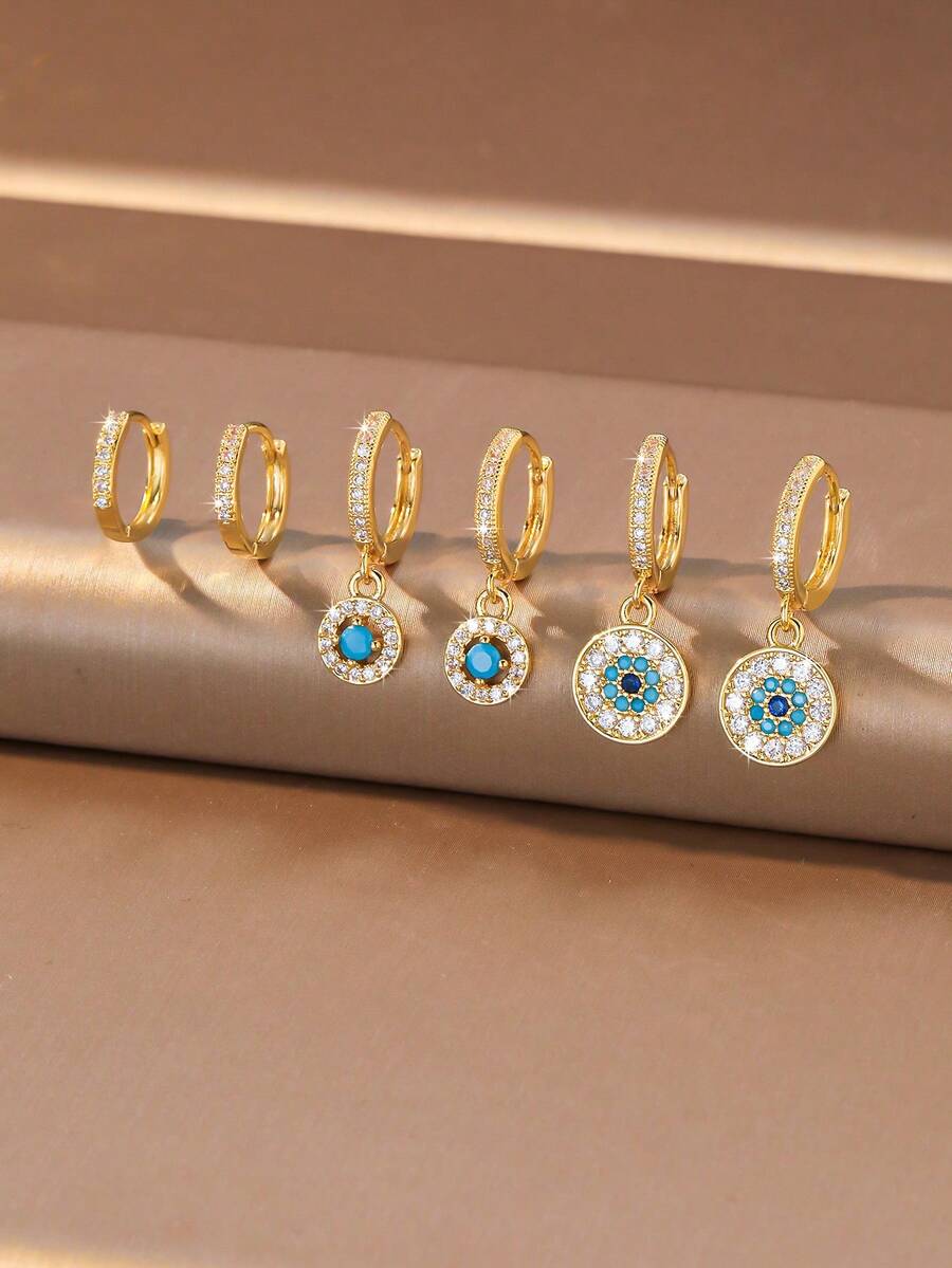 6pcs Fashion Round Colorful Zirconia Stud Earrings, Evil Eye Exquisite Ear Jewelry, Suitable For Autumn Outfit And Daily Wear, Beautiful Jewelry Gift - Evil Eye - View 1