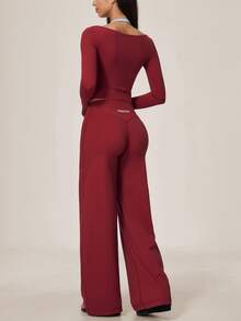 TimeOff Setelan Wanita Satu Set Musim Gugur/Dingin 2 In 1 Warna Blok Lengan Pendek dan Panjang dengan Celana Panjang Lebar - Merah - View 11