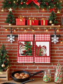 2pcs Christmas Gnome And Red Check Plaid Print Kitchen Towels, Festive Farmhouse Holiday Design Dish Cloths, Suitable For Kitchen Cleaning & Christmas Decor - Red - View 4