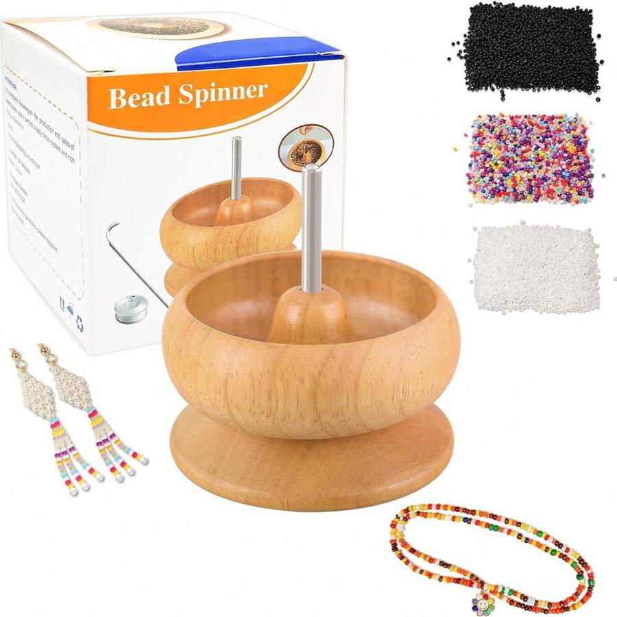 New Beaded Bowl, Bead Spinner, Seed Bead DIY Bracelet & Necklace Beading Tool Set - Wood Color - View 1