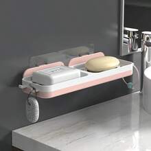 1pc Home & Commercial Dual-Row Soap Holder With Hooks, Strong Suction Cup Bathroom Wall-Mounted Soap Rack Storage Shelf - A - View 7