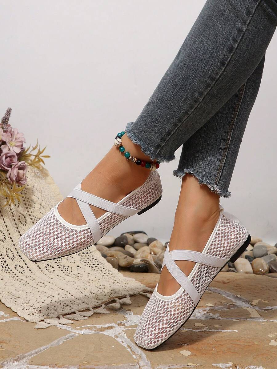 Women's White Square Toe Hollow Mesh Mary Jane Shoes, Low Vamp Breathable Cross Strap Gentle Style Flat Ballet Shoes - White - View 1