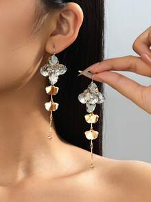 1 Pair Vintage Gold Floral Long Drop Earrings, Multi Layer Petal Tassel Dangle Earrings, Elegant Party Wedding Jewelry For Women - Silver Gold - View 19