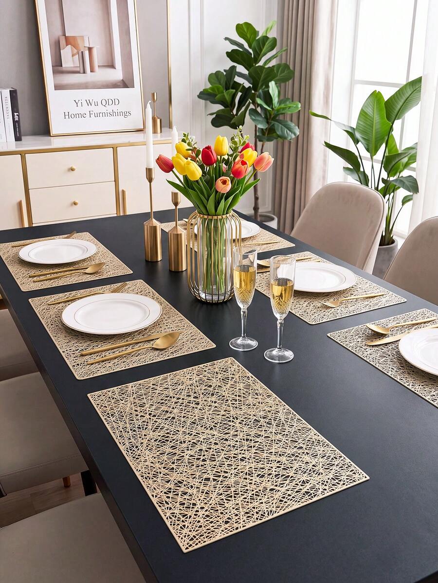 2-12pcs Gold Line Placemats, PVC Material Minimalist Style Foil Stamped Vase Mat, Washable, Easy To Clean, Wipeable, Non-Slip, Heat Resistant, Table Mat, Suitable For Room Decor, Home Table Decor, Home Decoration, Ideal For Holidays, Parties, Birthdays, Weddings And Dinners - Multicolor - View 1