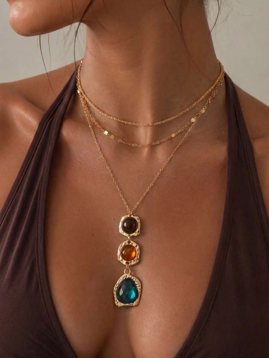 3pcs Vintage Retro Ins Style Fashion Elegant Geometric Tassel Pendant Necklace, Layered Inlaid Tie Dye Gemstone Jewelry - Multicolor - View 1