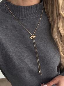 1pc French Minimalist Asymmetrical Gold Bead Y-Shaped Sweater Chain Necklace For Women, Adjustable Snake Chain Long Necklace With Liquid Metal Design Pendant, Versatile Accessory For High Neck Knitwear In Autumn/Winter - Gold - View 1