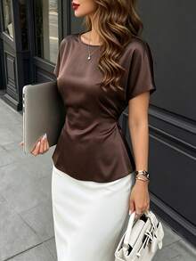 DONICY Women's Brown Flowy Waist-Tie Round Neck Fashion Casual Blouse - Coffee Brown - View 6