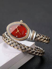 Women's Exquisite Rhinestone-Studded Scale Woven Snake Wrap Bracelet Watch, Fashionable Rhinestone Dial With Gold-Tone Woven Elastic Alloy Band, Luxury Women's Wristwatch, Gift For Girlfriend (1pc/Set) Watch Box Not Included - Multicolor - View 7