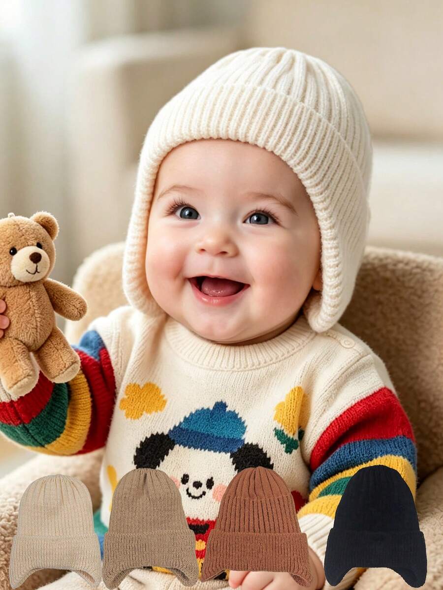 1pc Baby 0-3 Years Ear Protection Knitted Hat, Solid Color Thickened Knitted Knitted Hat, Fleece Lining, Warm Ear Protection Hat, Soft Unisex Baby Hat, Suitable For Daily Wear - Multicolor - View 1