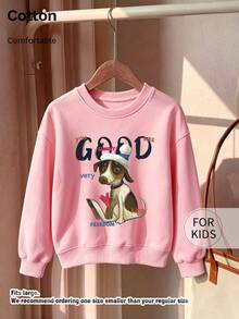 Children's Crew Neck Sweatshirt, Cartoon Dog Wearing Hat Letter Slogan Print Pure Cotton Pullover - Pink - View 9
