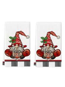 2pcs Santa Gnome Red Truck And Christmas Tree Print Kitchen Towels, Merry Holiday Winter Design Dish Cloths, Suitable For Kitchen Cleaning & Christmas Decor - Red and White - View 6