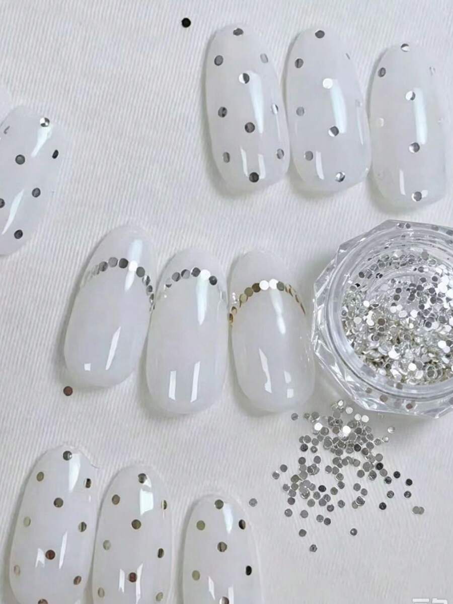 1box/2boxes Silver Small Round Nail Art Glitter, 2-Box Set, Assorted Sizes Round Glitter, Mirror Silver Glossy Shiny Transparent. Lightweight Glitter Texture, Suitable For Minimalist Shiny Premium Style Nail Art DIY - Silver - View 1
