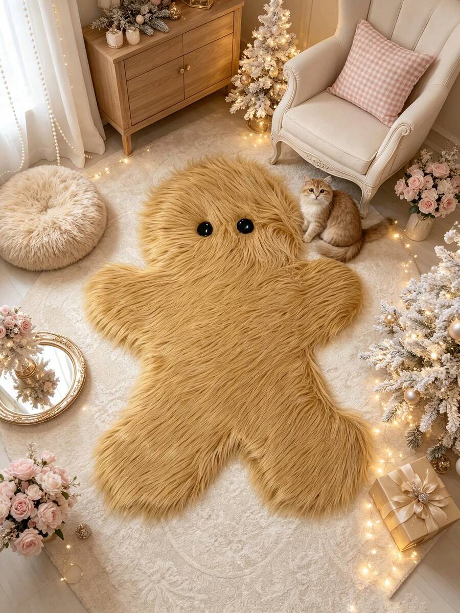 1pc Ginger Yellow Gingerbread Man Rug, Thick Plush Carpet, Autumn/Winter Decorative Rug, Bedroom Decor, Home Decor, Living Room Rug, Washable, Christmas Gift - Camel - View 1