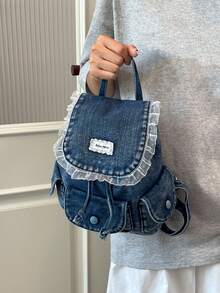 Retro Drawstring Drawstring Backpack, Embellished With Lace And Labels, Featuring Multiple Pockets, Suitable For Shopping, Dating And Daily Travel - Blue - View 5