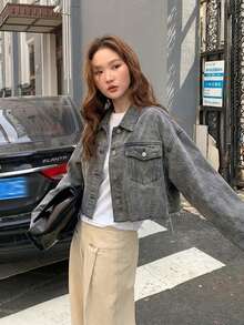 Women's Loose Fit Frayed Hem Denim Jacket - Grey - View 5