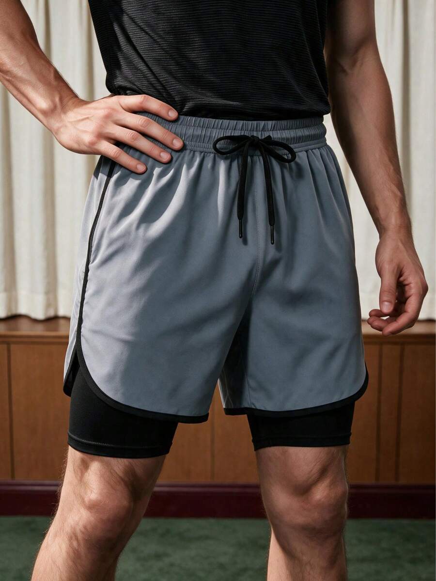 2025 Spring/Summer Men's Casual Double Layer Shorts With Drawstring, Cooling, Breathable, Stretchy Outdoor Pants, Hawaiian - Grey - View 1