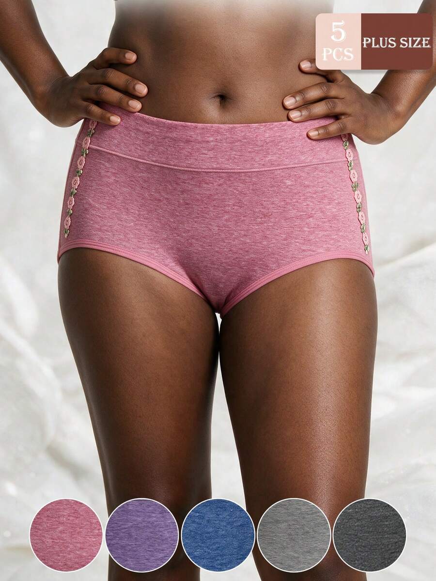 5pcs Plus Size Women's Triangle Panties, Side Floral Embroidery Comfortable Fabric, Full Coverage Comfortable Inclusive Plus Size Underwear - Multicolor - View 1
