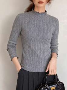 Women's New Frill Trim Mock Neck Pullover Knit Sweater - Grey - View 4