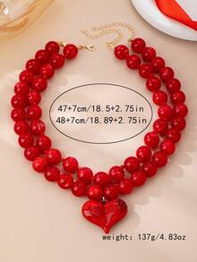 OABE 2pcs/Set Bohemian Style Red Beaded Necklace With Red Heart Pendant, Women's Layered Necklace Set, Suitable For Daily Wear, Holiday/Anniversary Surprise Gift - Red - View 4