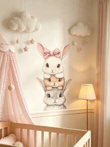 1 Set Creative Cute Rabbit Bow Wall Stickers, Self-Adhesive Removable, Easy To Use, Suitable For Children's Room, Nursery, Holiday, Bedroom, Baby Shower Decoration, Baby Gift - Multicolor - View 1