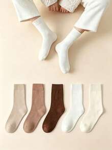 5 Pasang Kaos Kaki Maillard Warna Polos Acak Setinggi Betis untuk Wanita, Kaos Kaki Hangat Tebal Berlapisan Bulu untuk Musim Gugur/Dingin, Kaos Kaki Panjang Longgar Gaya Serbaguna Sederhana untuk Semua Acara - MultiWarna - View 1