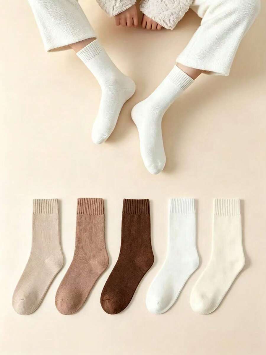 5 Pasang Kaos Kaki Maillard Warna Polos Acak Setinggi Betis untuk Wanita, Kaos Kaki Hangat Tebal Berlapisan Bulu untuk Musim Gugur/Dingin, Kaos Kaki Panjang Longgar Gaya Serbaguna Sederhana untuk Semua Acara - MultiWarna - View 1