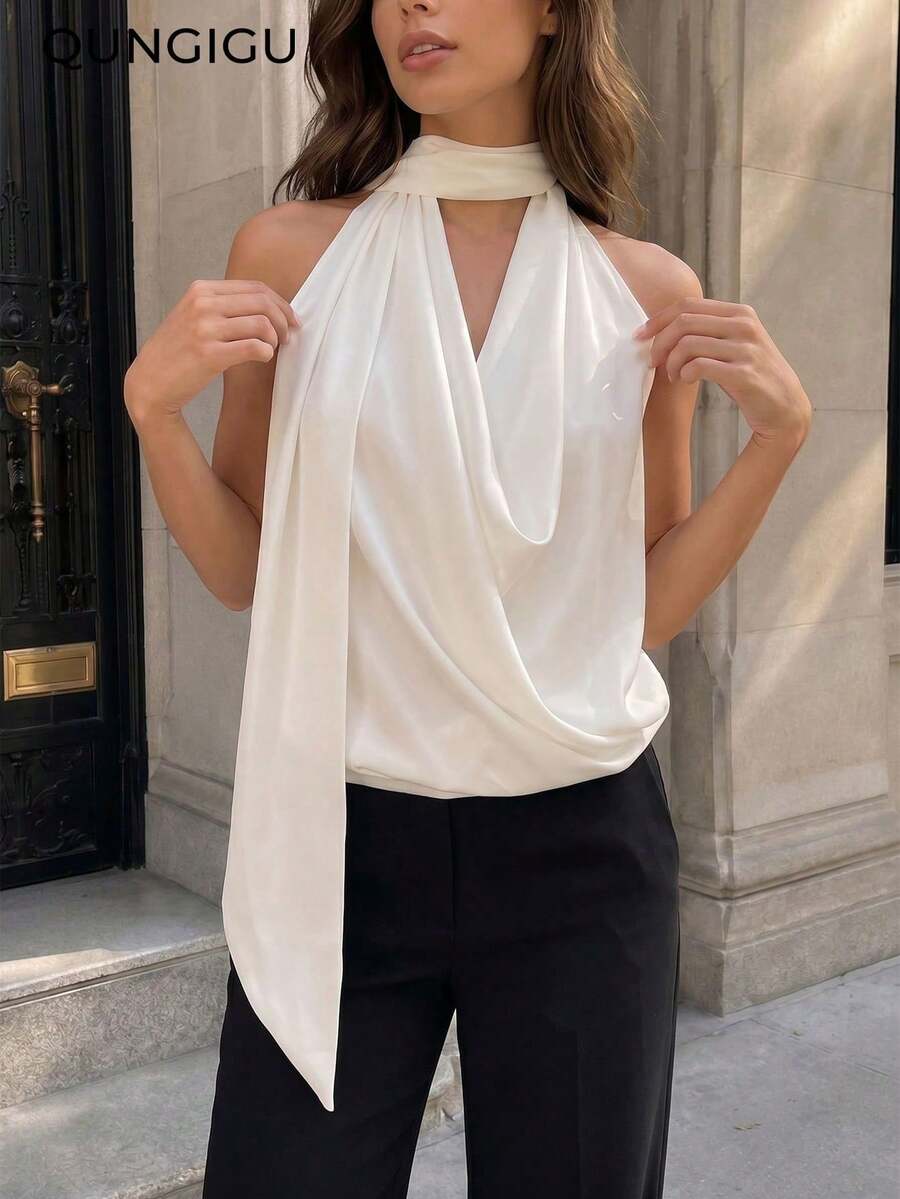 女款垂墜式掛脖領無袖露背上衣 休閒秋季服飾 適合外出約會、婚禮派對穿著 - 白色 - 查看 1