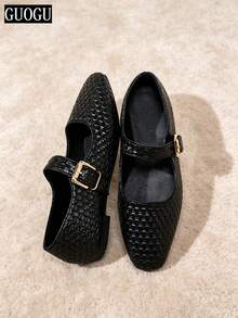 Black Woven Texture Mary Jane Shoes For Women, Square Toe Metal Buckle Strap Soft Sole Flat Shoes, Commute Daily Ballet Shoes - Black - View 3