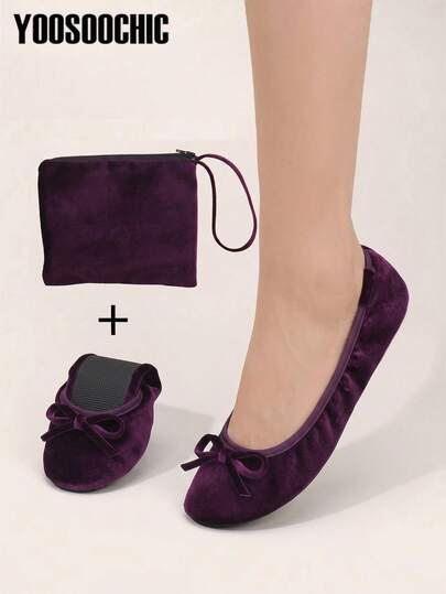 Deep Purple Fleece Skin-Feel Indoor Women's Dance Shoes, Foldable Slip-On Ballet Shoes, Lightweight Barefoot-Feel Women's Fashion Casual Soft Comfortable Home Slippers, Comes With Matching Storage Bag