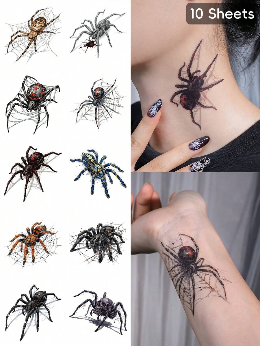 10 Sheets Halloween Realistic Spider Temporary Tattoo Stickers, Matte Non‑Reflective Gothic Spider Web Fake Tattoos, Waterproof Body Art Stickers For Halloween Party Cosplay Makeup - Multicolor - View 1