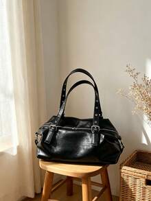 Casual Maillard Vintage Underarm Bag, Stylish Large Capacity Tote Bag For Work And Commuting - Black - View 7