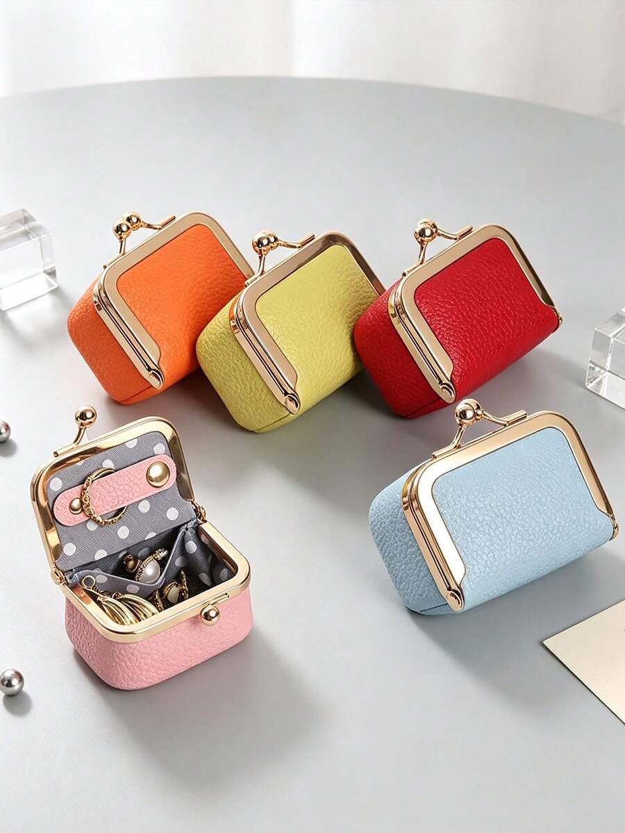 CHARM INFINITE Mini Artificial Leather Kiss Lock Jewelry Storage Box, Portable Snap Small Jewelry Organizer, Multi-Color Hard Shell Earring Ring Necklace Storage Bag, Travel Compact Jewelry Pouch, Cute Daily Storage Gift For Women And Girls