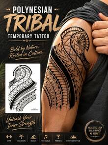 Polynesian Temporary Tattoo For Men, Bold Geometric Black Tattoo Sticker, Waterproof Long-Lasting Arm & Forearm Body Art For Gym, Beach, Festivals, Parties, Vacations & Everyday Style - Multicolor - View 7