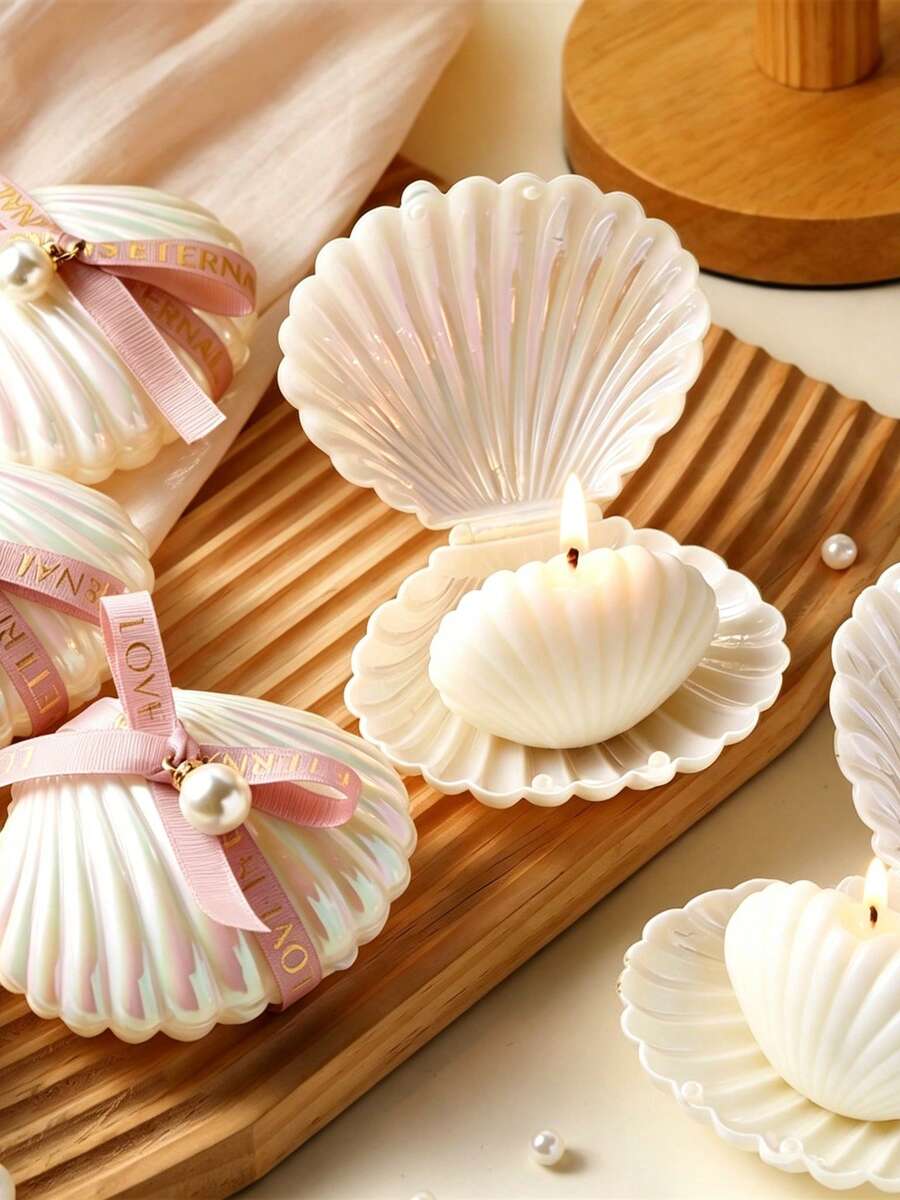 10pcs Seashell Scented Candle Gift Set, Includes Seashell Scented Candles, Seashell Gift Box And Pink Ribbon Tag Accessories, Suitable For Wedding, Bridal Shower And Beach Party Gifts - White - View 1