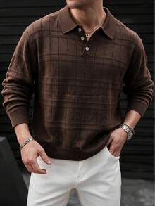 Men's Autumn/Winter Plaid Slim Fit Regular Shoulder Polo Collar Long Sleeve Sweater - Brown - View 3
