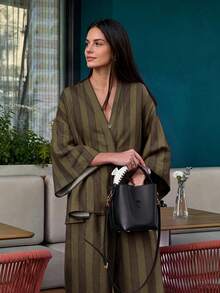 Autumn/Winter Gradient Striped Cardigan Drop Shoulder Loose Knit 2 Pieces Set Home & Commute Elegant Style - Multicolor - View 2