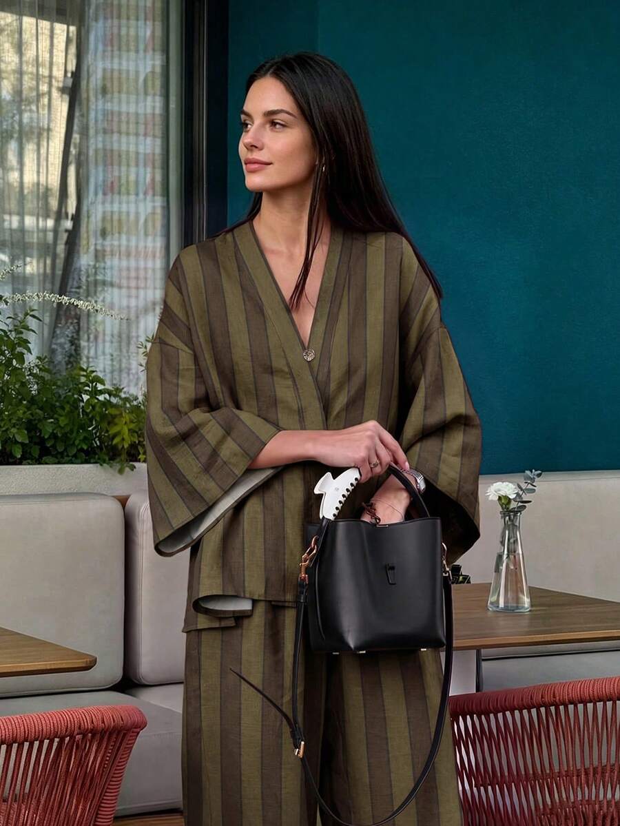 Autumn/Winter Gradient Striped Cardigan Drop Shoulder Loose Knit 2 Pieces Set Home & Commute Elegant Style