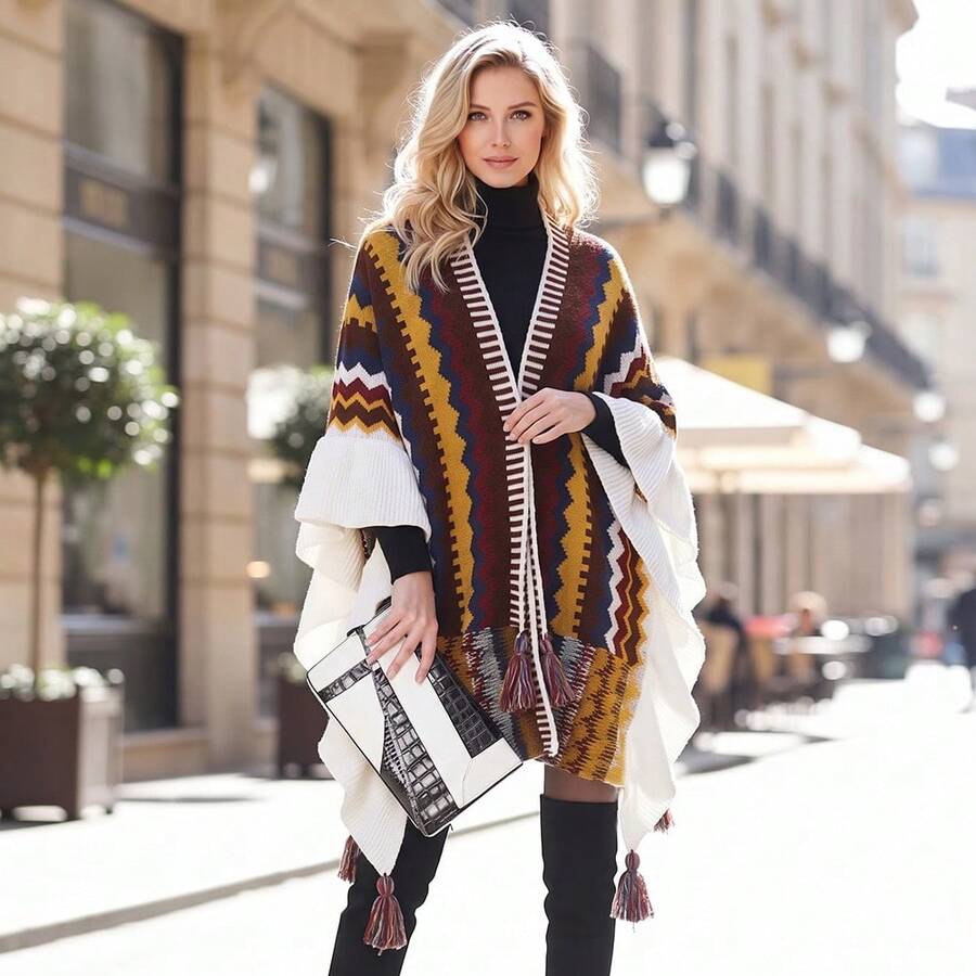 Women's Tassel Shawl Scarf, Soft Warm Bohemian Style Open Front Cape Cardigan - Multicolor - View 1