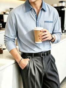 Men's Fine Striped Henley Collar Pullover Polo Shirt, Versatile For Spring And Autumn - Blue - View 3