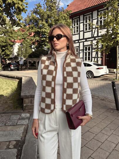 Women's Checkerboard Fleece Zipper Sleeveless Vest, Stand Collar Casual Checkered Lambswool Vest Jacket