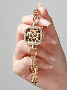 Women's Luxury Rhinestone Leopard Print Wristwatch, Square Leopard Print Dial U-Shaped Beaded Bracelet Style Personalized Quartz Watch, Gift For Girlfriend (1pc/Set) Watch Box Not Included - Gold - View 5