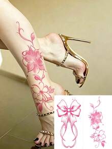 2Pcs Sweet Style Temporary Tattoo Stickers, Pink Bow Stars And Floral Vine Design, Waterproof Long‑Lasting Fake Body Tattoos For Women - Multicolor - View 3