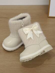1 Pair Baby Girl Bow Decor Fuzzy Fleece Lined Warm Comfortable Flat Short Boots Snow Boots For Autumn Winter - Beige - View 4