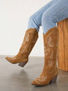 Women's Suede Material Vintage Embroidered Texture Slip-On Fashion Western Boots, Autumn/Winter Chunky Heel Pointed Toe Knee-High Western Boots - Brown - View 4