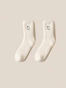 1/2/3 Pairs Women's Calf Socks, Postpartum Maternity Socks For Autumn/Winter, Thick Warm Lining, Suitable For Sleeping On The Floor, Decorated With Smiling Face Pattern - Multicolor - View 4